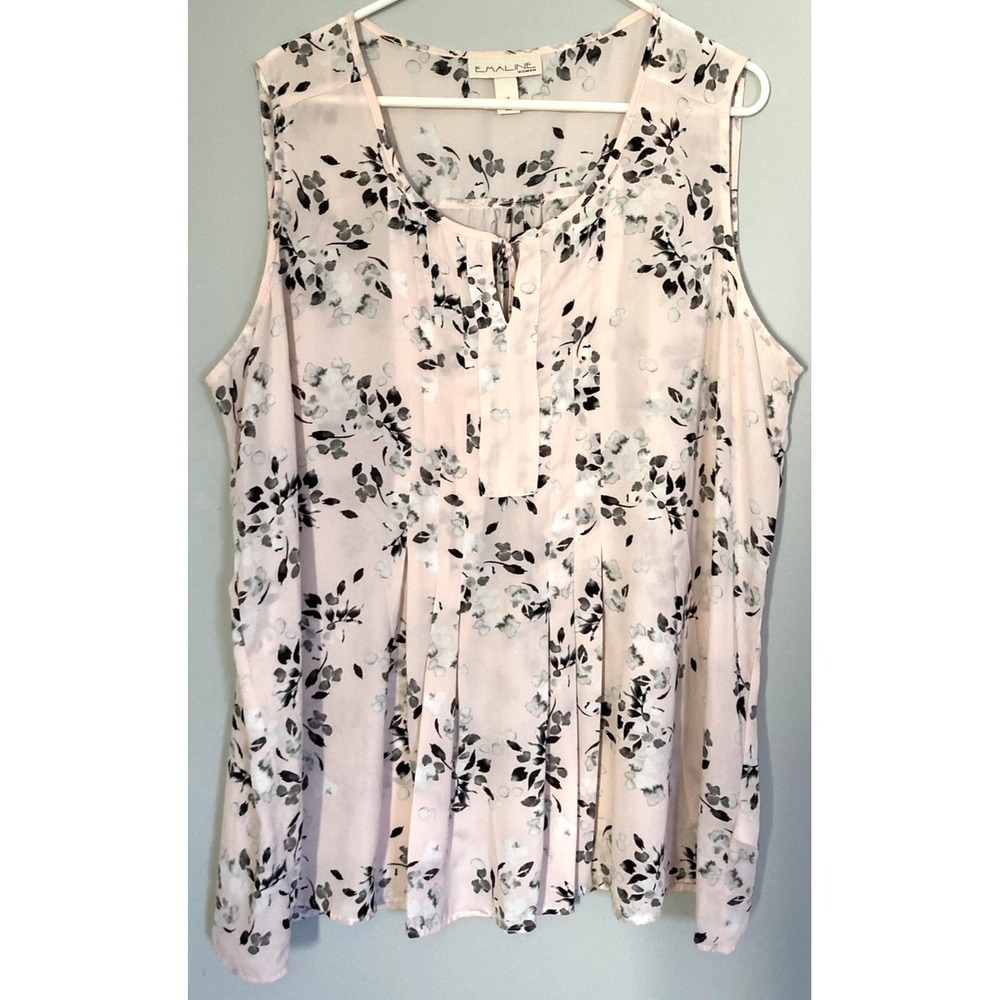 Emaline Shirt Womens 1X Pink Floral Scoop Neck Pleated Sleeveless Plus Top EUC